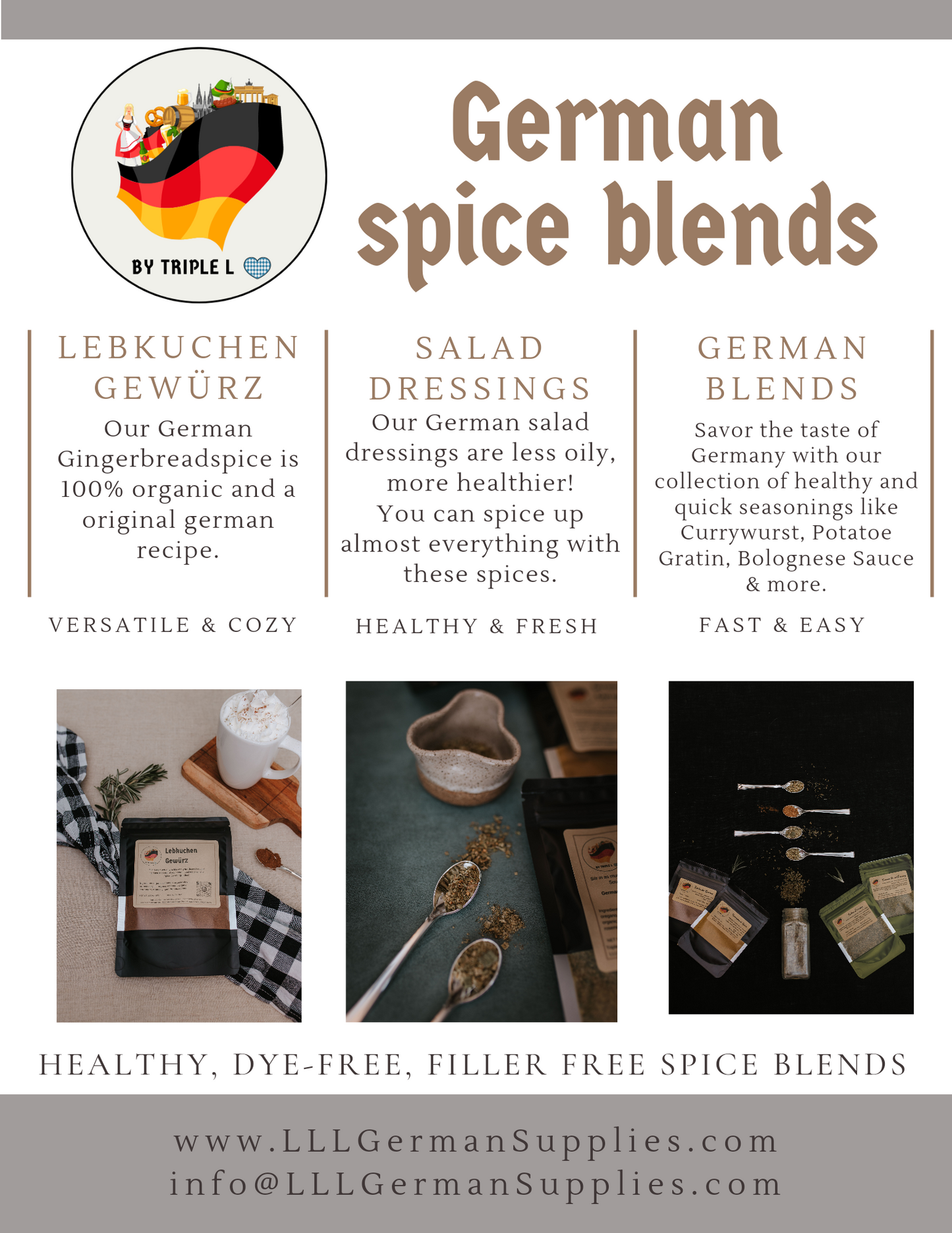 German Spice Bundle (Triple L’s Spice and Dressing Bundle - Discover the Flavors of Germany and Italy, Plus a Dash of Holiday Magic, Currywurst, German Salad, Italian Salad)