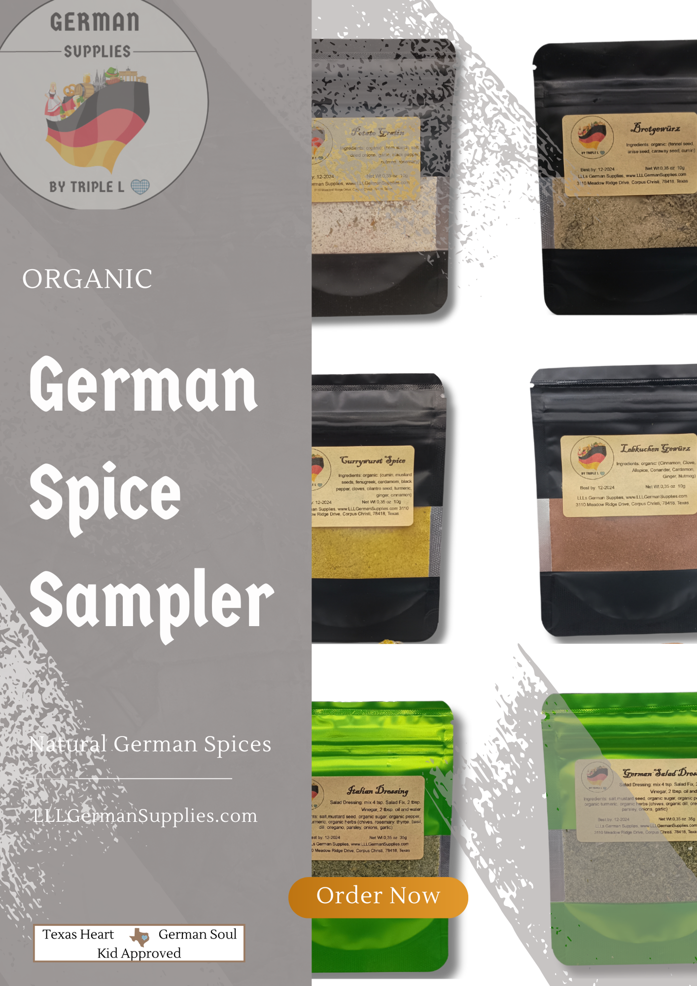 German Spice Sampler (Triple L’s Spice and Dressing Sampler - Discover the Flavors of Germany and Italy, Plus a Dash of Holiday Magic, Currywurst, German Salad, Italian Salad)